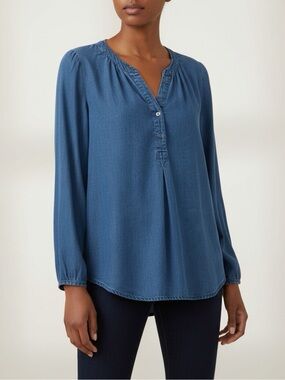 Old Navy Women's Size S Blue Denim Popover Blouse Long Sleeve Split-Neck Casual